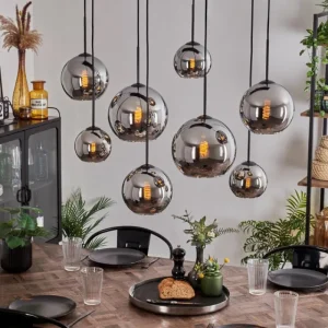 hofstein Suspension - Verre Koyoto Chrome, Fumé, 8 lumières* Lampes Modernes