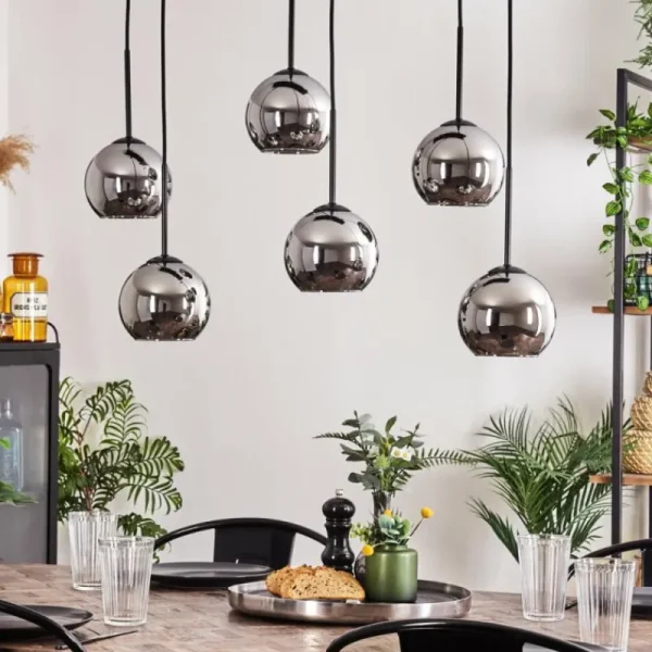 hofstein Suspension - Verre Koyoto Chrome, Fumé, 6 lumières* Lampes Modernes