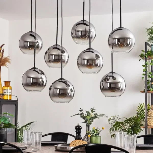 hofstein Suspension - Verre Koyoto Chrome, Clair, Fumé, 8 lumières* Lampes Modernes
