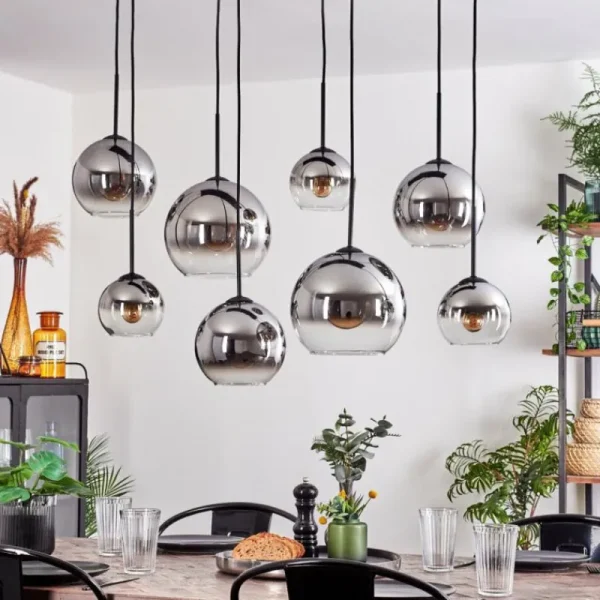hofstein Suspension - Verre Koyoto Chrome, Clair, Fumé, 8 lumières* Lampes Modernes