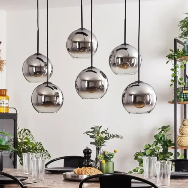 hofstein Suspension - Verre Koyoto Chrome, Clair, Fumé, 6 lumières* Lampes Modernes