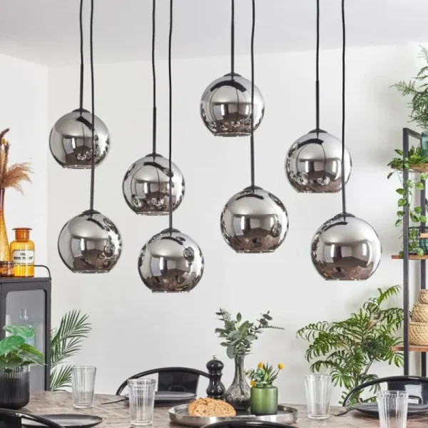 hofstein Suspension - Verre Koyoto Chrome, Fumé, 8 lumières* Lampes Modernes