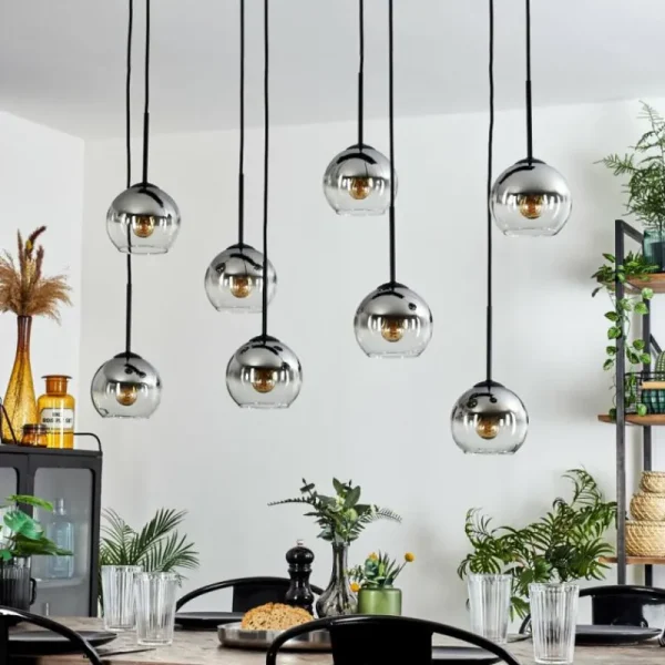 hofstein Suspension - Verre Koyoto Chrome, Clair, Fumé, 8 lumières* Lampes Modernes