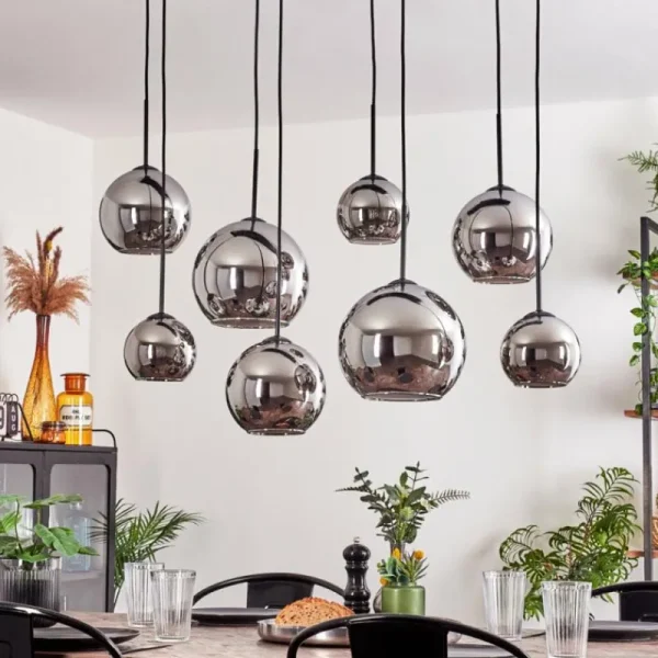 hofstein Suspension - Verre Koyoto Chrome, Fumé, 8 lumières* Lampes Modernes