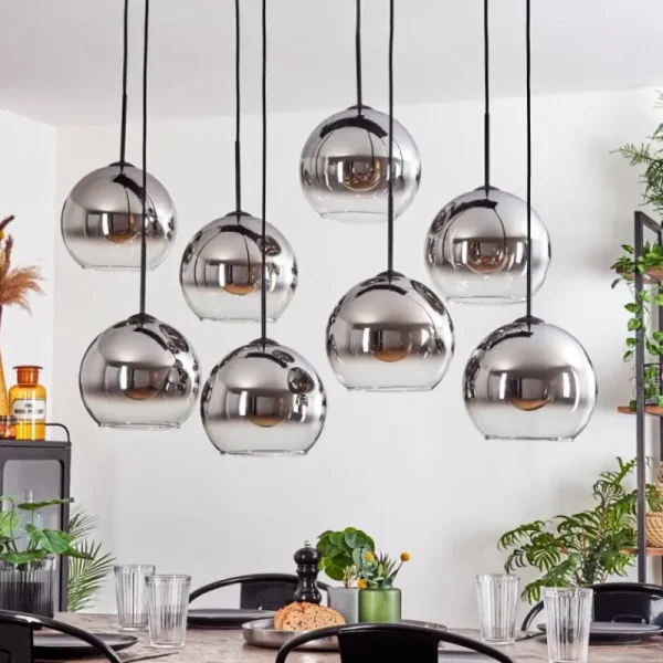 hofstein Suspension - Verre Koyoto Chrome, Clair, Fumé, 8 lumières* Lampes Modernes