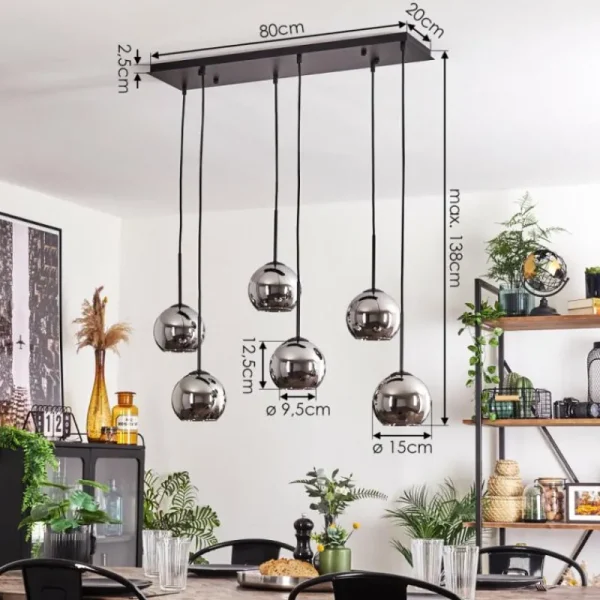 hofstein Suspension - Verre Koyoto Chrome, Fumé, 6 lumières* Lampes Modernes