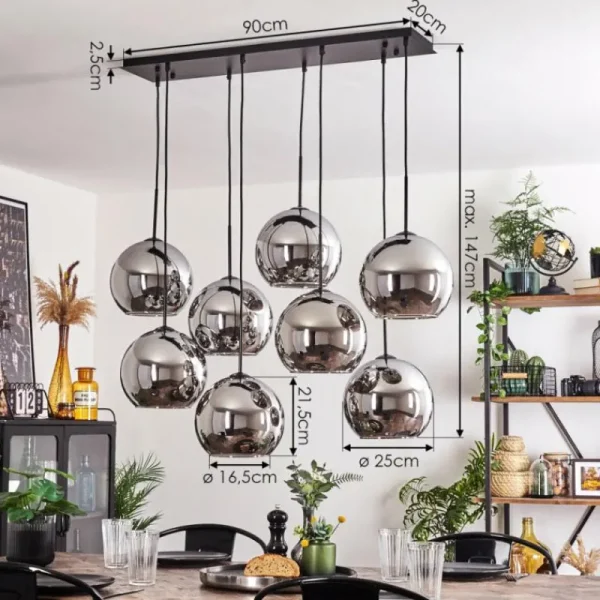 hofstein Suspension - Verre Koyoto Chrome, Fumé, 8 lumières* Lampes Modernes