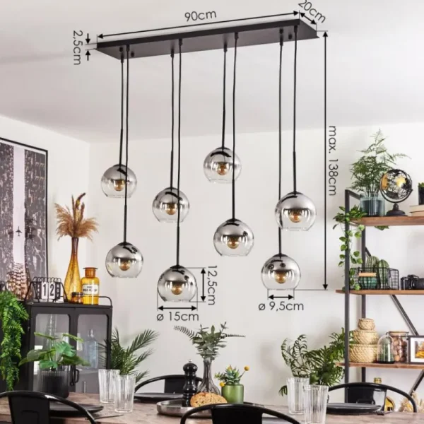 hofstein Suspension - Verre Koyoto Chrome, Clair, Fumé, 8 lumières* Lampes Modernes