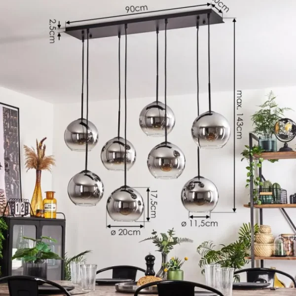 hofstein Suspension - Verre Koyoto Chrome, Clair, Fumé, 8 lumières* Lampes Modernes