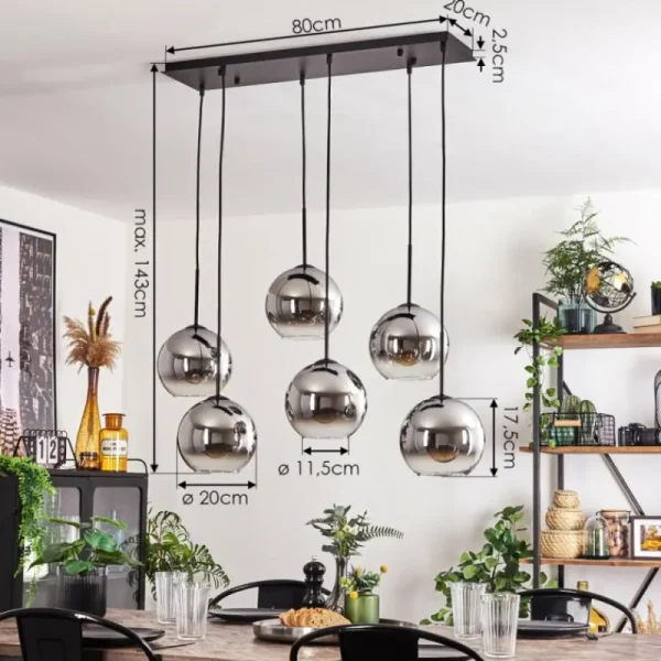 hofstein Suspension - Verre Koyoto Chrome, Clair, Fumé, 6 lumières* Lampes Modernes