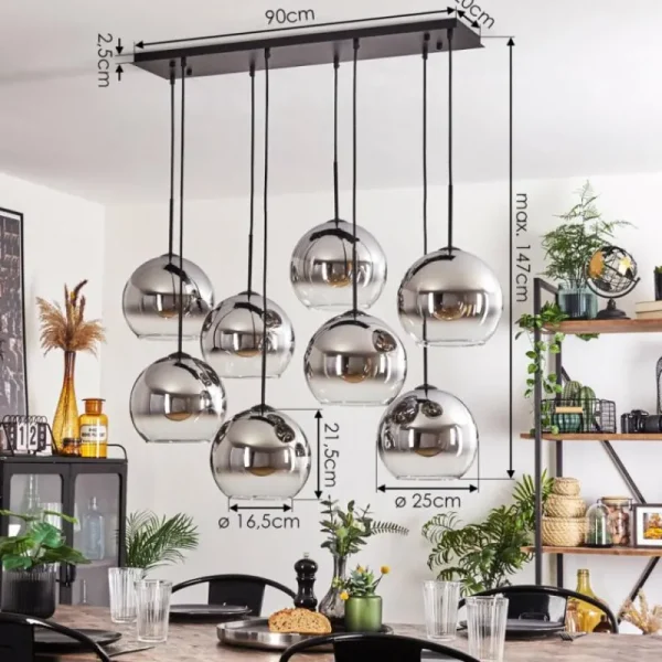 hofstein Suspension - Verre Koyoto Chrome, Clair, Fumé, 8 lumières* Lampes Modernes