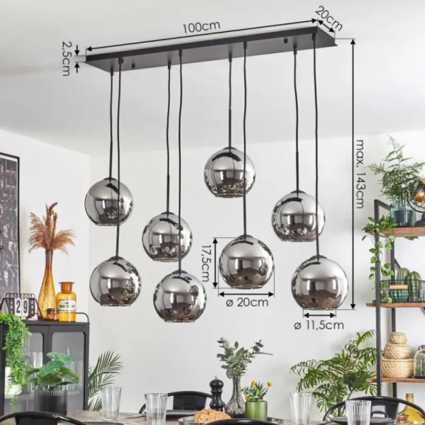 hofstein Suspension - Verre Koyoto Chrome, Fumé, 8 lumières* Lampes Modernes