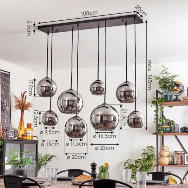 hofstein Suspension - Verre Koyoto Chrome, Fumé, 8 lumières* Lampes Modernes