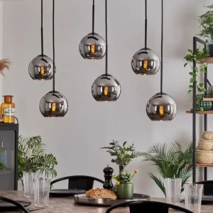 hofstein Suspension - Verre Koyoto Chrome, Fumé, 6 lumières* Lampes Modernes