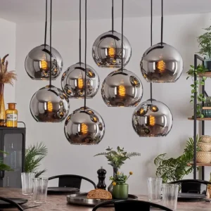 hofstein Suspension - Verre Koyoto Chrome, Fumé, 8 lumières* Lampes Modernes