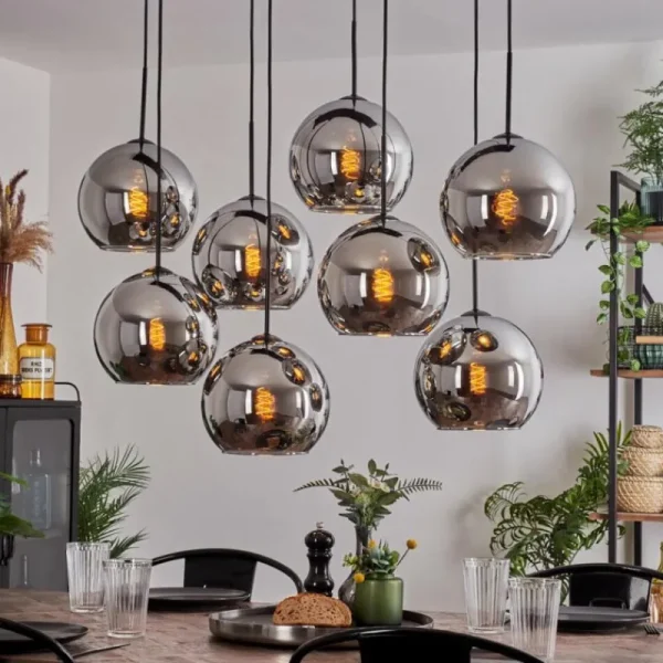 hofstein Suspension - Verre Koyoto Chrome, Fumé, 8 lumières* Lampes Modernes