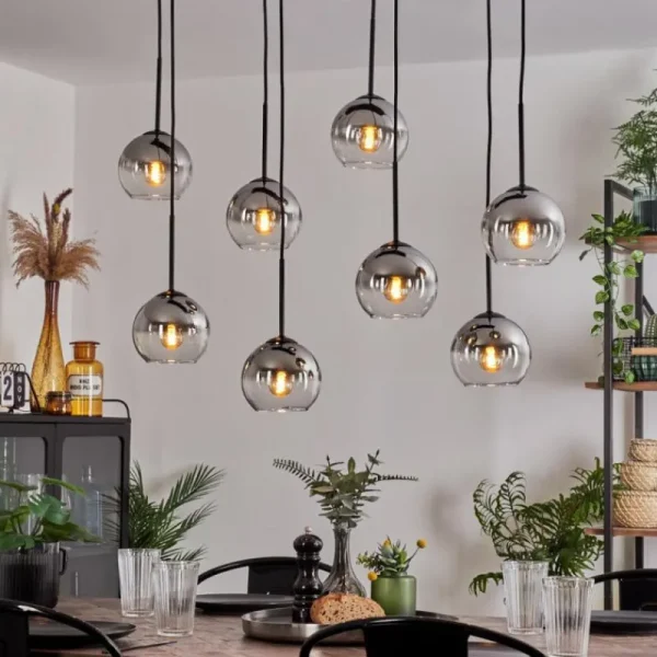 hofstein Suspension - Verre Koyoto Chrome, Clair, Fumé, 8 lumières* Lampes Modernes