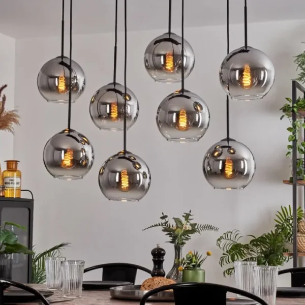 hofstein Suspension - Verre Koyoto Chrome, Clair, Fumé, 8 lumières* Lampes Modernes