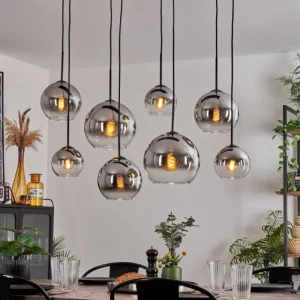 hofstein Suspension - Verre Koyoto Chrome, Clair, Fumé, 8 lumières* Lampes Modernes