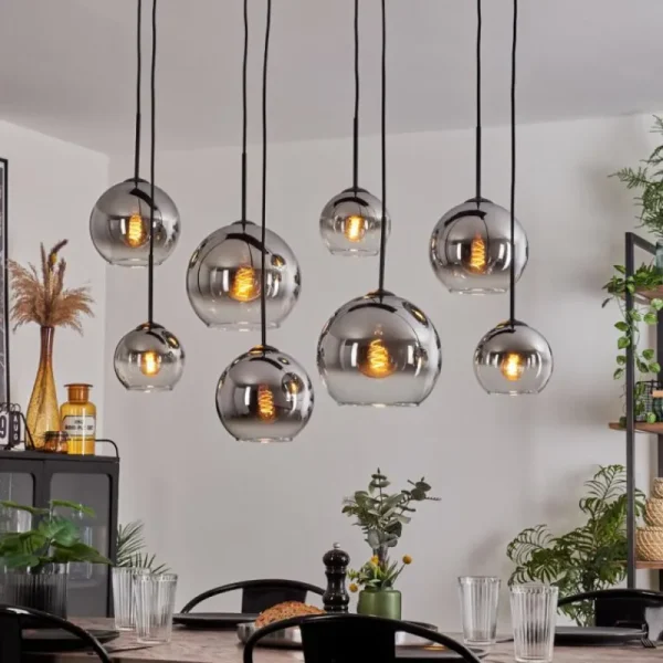hofstein Suspension - Verre Koyoto Chrome, Clair, Fumé, 8 lumières* Lampes Modernes