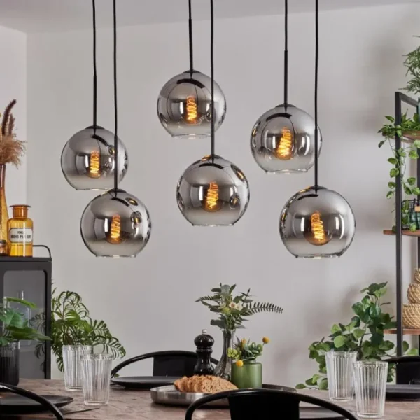 hofstein Suspension - Verre Koyoto Chrome, Clair, Fumé, 6 lumières* Lampes Modernes