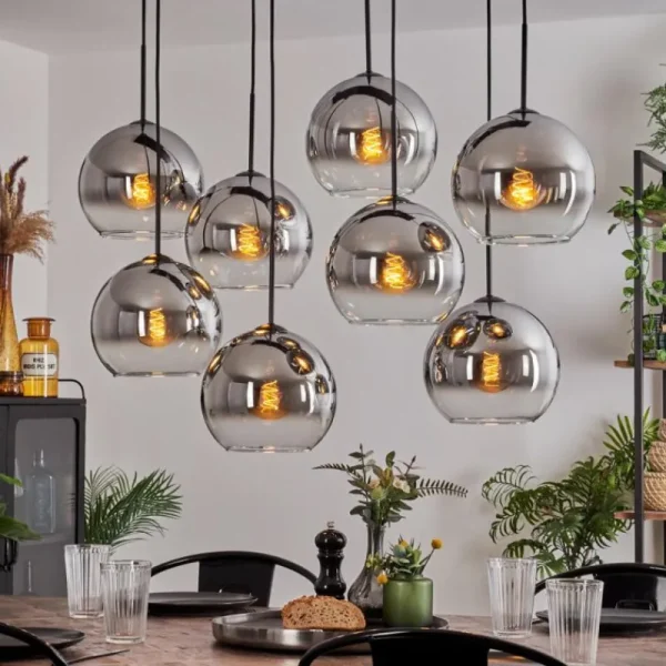 hofstein Suspension - Verre Koyoto Chrome, Clair, Fumé, 8 lumières* Lampes Modernes