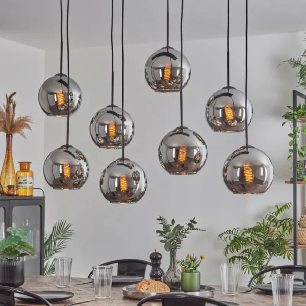 hofstein Suspension - Verre Koyoto Chrome, Fumé, 8 lumières* Lampes Modernes