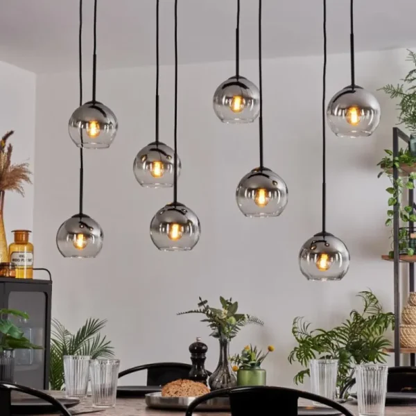 hofstein Suspension - Verre Koyoto Chrome, Clair, Fumé, 8 lumières* Lampes Modernes