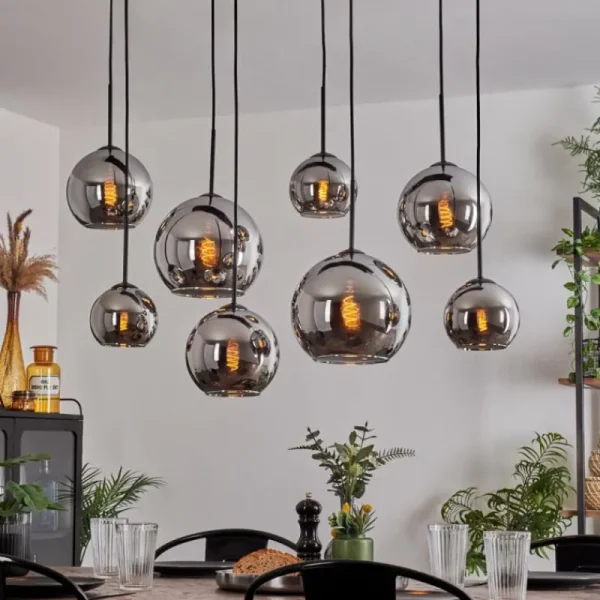 hofstein Suspension - Verre Koyoto Chrome, Fumé, 8 lumières* Lampes Modernes