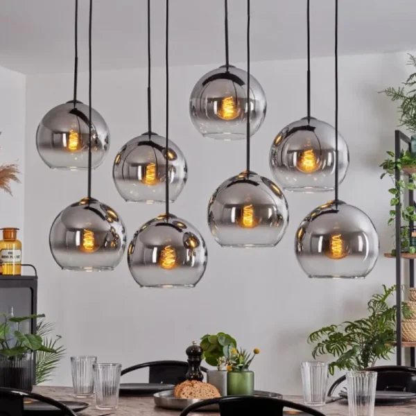 hofstein Suspension - Verre Koyoto Chrome, Clair, Fumé, 8 lumières* Lampes Modernes