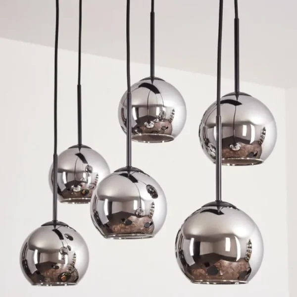 hofstein Suspension - Verre Koyoto Chrome, Fumé, 6 lumières* Lampes Modernes