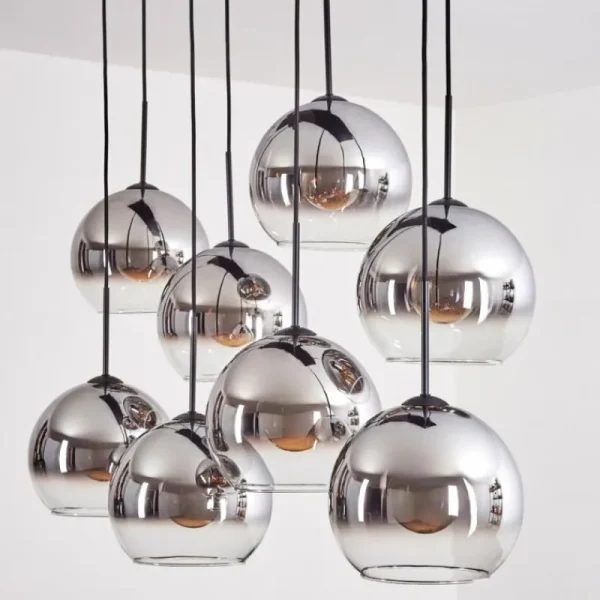 hofstein Suspension - Verre Koyoto Chrome, Clair, Fumé, 8 lumières* Lampes Modernes