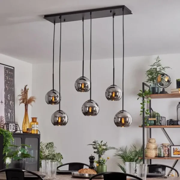 hofstein Suspension - Verre Koyoto Chrome, Fumé, 6 lumières* Lampes Modernes