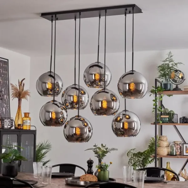 hofstein Suspension - Verre Koyoto Chrome, Fumé, 8 lumières* Lampes Modernes