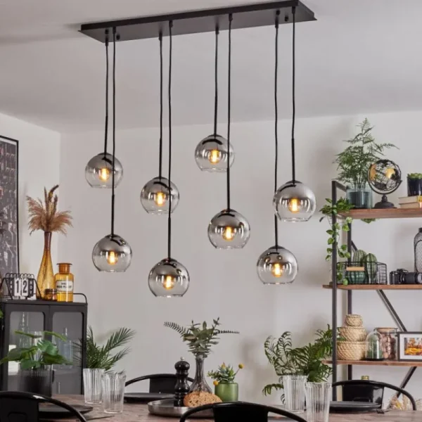 hofstein Suspension - Verre Koyoto Chrome, Clair, Fumé, 8 lumières* Lampes Modernes