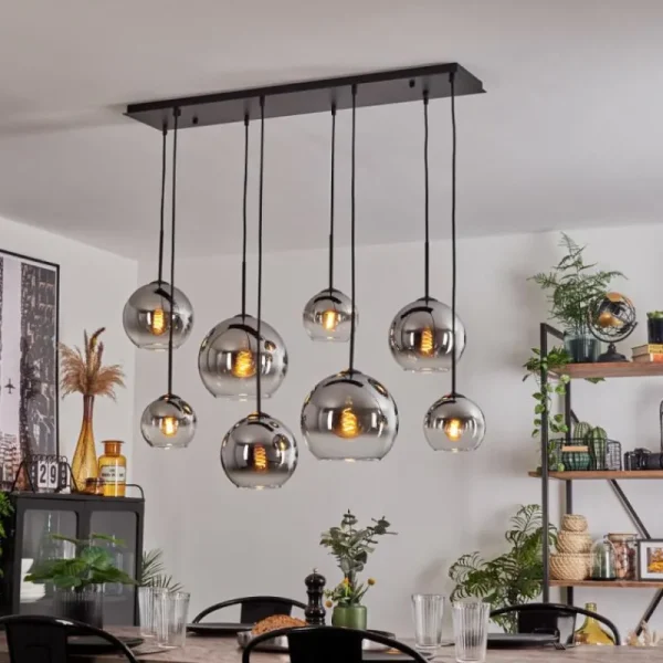 hofstein Suspension - Verre Koyoto Chrome, Clair, Fumé, 8 lumières* Lampes Modernes
