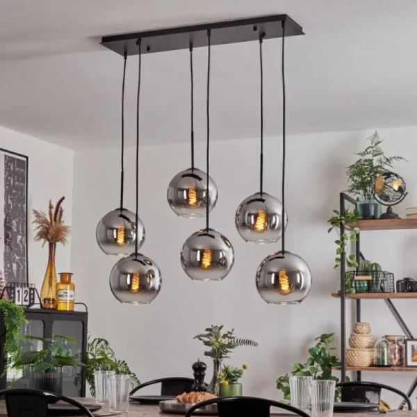 hofstein Suspension - Verre Koyoto Chrome, Clair, Fumé, 6 lumières* Lampes Modernes