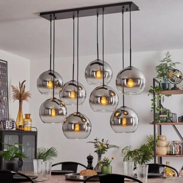 hofstein Suspension - Verre Koyoto Chrome, Clair, Fumé, 8 lumières* Lampes Modernes