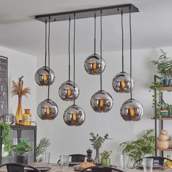 hofstein Suspension - Verre Koyoto Chrome, Fumé, 8 lumières* Lampes Modernes