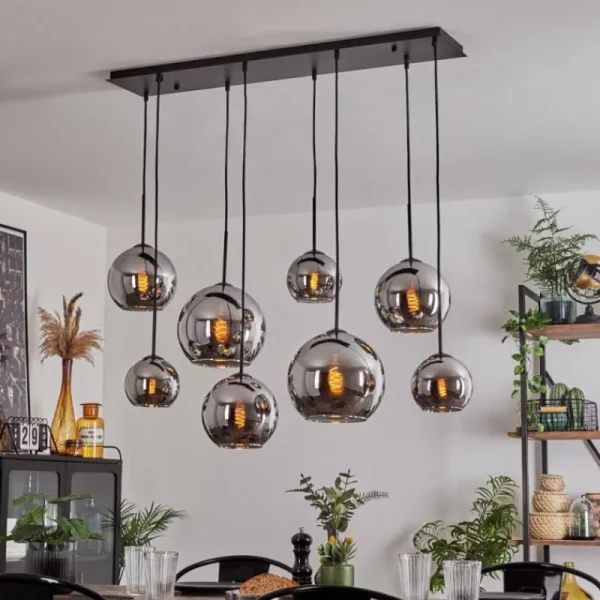hofstein Suspension - Verre Koyoto Chrome, Fumé, 8 lumières* Lampes Modernes