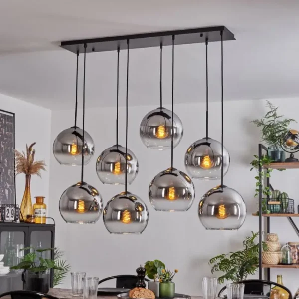 hofstein Suspension - Verre Koyoto Chrome, Clair, Fumé, 8 lumières* Lampes Modernes