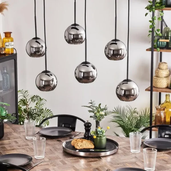hofstein Suspension - Verre Koyoto Chrome, Fumé, 6 lumières* Lampes Modernes