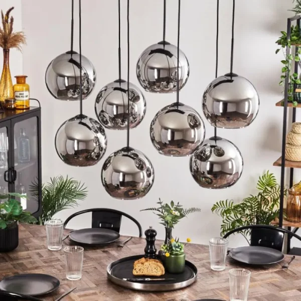 hofstein Suspension - Verre Koyoto Chrome, Fumé, 8 lumières* Lampes Modernes