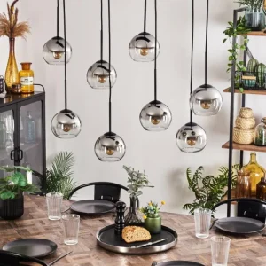 hofstein Suspension - Verre Koyoto Chrome, Clair, Fumé, 8 lumières* Lampes Modernes