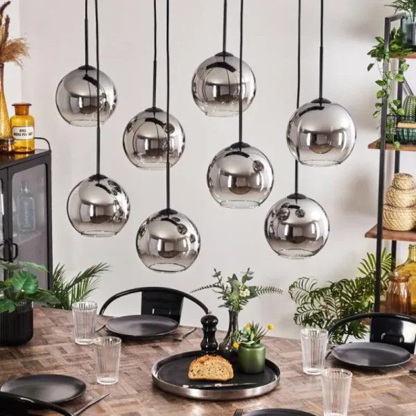 hofstein Suspension - Verre Koyoto Chrome, Clair, Fumé, 8 lumières* Lampes Modernes