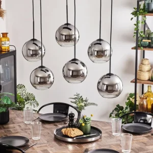 hofstein Suspension - Verre Koyoto Chrome, Clair, Fumé, 6 lumières* Lampes Modernes