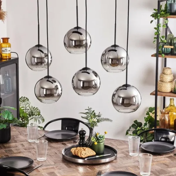 hofstein Suspension - Verre Koyoto Chrome, Clair, Fumé, 6 lumières* Lampes Modernes