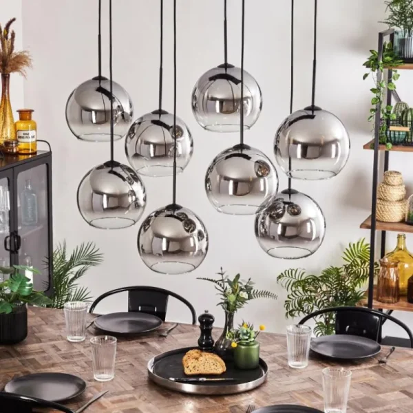hofstein Suspension - Verre Koyoto Chrome, Clair, Fumé, 8 lumières* Lampes Modernes