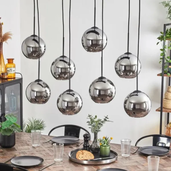 hofstein Suspension - Verre Koyoto Chrome, Fumé, 8 lumières* Lampes Modernes