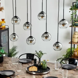 hofstein Suspension - Verre Koyoto Chrome, Clair, Fumé, 8 lumières* Lampes Modernes